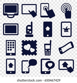 Smartphone icons set. set of 16 smartphone filled icons such as baby monitor phone, poker on phone, finger on tablet, photo with heart, touchscreen, tablet