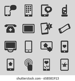 Smartphone icons set. set of 16 smartphone filled icons such as baby monitor phone, poker on phone, heart mobile, touchscreen, tablet, display