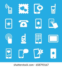Smartphone icons set. set of 16 smartphone filled icons such as baby monitor phone, poker on phone, photo with heart, touchscreen, tablet