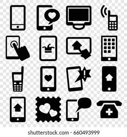 Smartphone icons set. set of 16 smartphone filled icons such as poker on phone, heart mobile, photo with heart, phone with heart, display, touchscreen