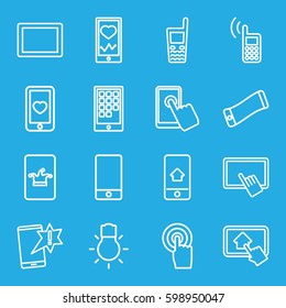 smartphone icons set. Set of 16 smartphone outline icons such as Poker on phone, finger on tablet, heartbeat on phone, heart mobile, touchscreen, tablet, camera bulb