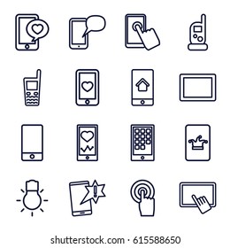 Smartphone icons set. set of 16 smartphone outline icons such as baby monitor phone, Poker on phone, finger on tablet, heart mobile, touchscreen, tablet, camera bulb