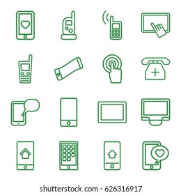 Smartphone icons set. set of 16 smartphone outline icons such as baby monitor phone, finger on tablet, heart mobile, phone with heart, touchscreen, tablet