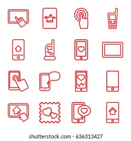Smartphone icons set. set of 16 smartphone outline icons such as baby monitor phone, poker on phone, finger on tablet, heart mobile, photo with heart, touchscreen