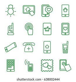 Smartphone icons set. set of 16 smartphone outline icons such as baby monitor phone, poker on phone, heart mobile, photo with heart, touchscreen, camera bulb