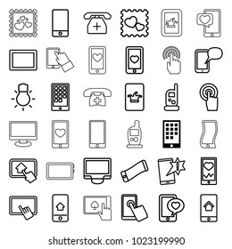 Smartphone icons. set of 36 editable outline smartphone icons such as calendar on phone, baby monitor phone, finger on tablet, important message, heart mobile