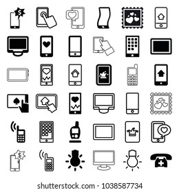 Smartphone icons. set of 36 editable filled and outline smartphone icons such as heartbeat on phone, phone, tablet, display, camera bulb, touchscreen, home on tablet