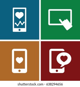 Smartphone icons set. set of 4 smartphone filled icons such as finger on tablet, heartbeat on phone, heart mobile