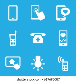 Smartphone icons set. set of 9 smartphone filled icons such as heartbeat on phone, phone with heart, camera bulb, home on tablet