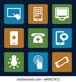 Smartphone icons set. set of 9 smartphone filled icons such as finger on tablet, phone with heart, touchscreen, display, medical phone