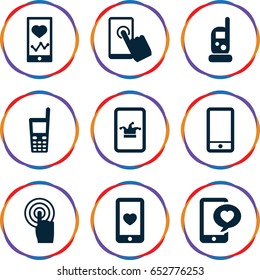 Smartphone icons set. set of 9 smartphone filled icons such as baby monitor phone, poker on phone, heart mobile