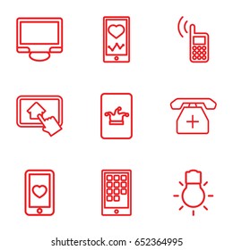 Smartphone icons set. set of 9 smartphone outline icons such as poker on phone, heartbeat on phone, heart mobile, display, camera bulb