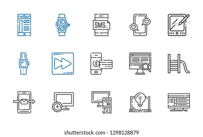 smartphone icons set. Collection of smartphone with computer, laptop, pc, slide, fast forward, smartwatch, tablet. Editable and scalable smartphone icons.