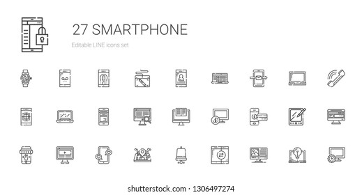 smartphone icons set. Collection of smartphone with computer, notification bell, mobile phone, laptop, tablet, phone, graphic tablet, smartwatch. Editable and scalable smartphone icons.