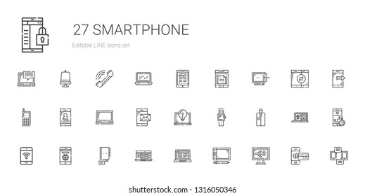 smartphone icons set. Collection of smartphone with computer, graphic tablet, laptop, contact, mobile phone, portable, smartwatch, cellphone. Editable and scalable smartphone icons.