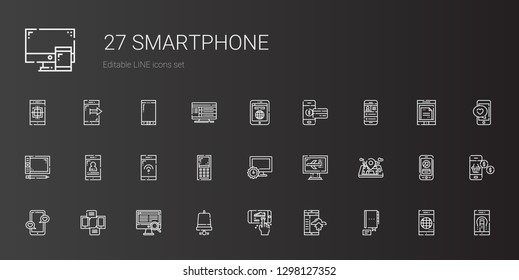 smartphone icons set. Collection of smartphone with contact, notification bell, computer, mobile phone, graphic tablet, tablet. Editable and scalable smartphone icons.