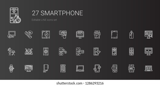 smartphone icons set. Collection of smartphone with laptop, contact, computer, smartwatch, mobile phone, portable, tablet, phone. Editable and scalable smartphone icons.