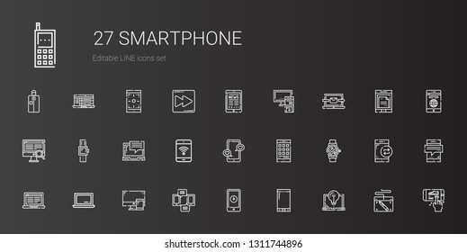 smartphone icons set. Collection of smartphone with laptop, computer, smartwatch, mobile phone, pc, tablet, graphic tablet, fast forward. Editable and scalable smartphone icons.