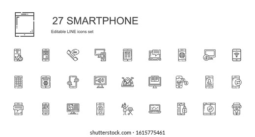 smartphone icons set. Collection of smartphone with laptop, portable, computer, mobile phone, tablet, pc, phone. Editable and scalable smartphone icons.