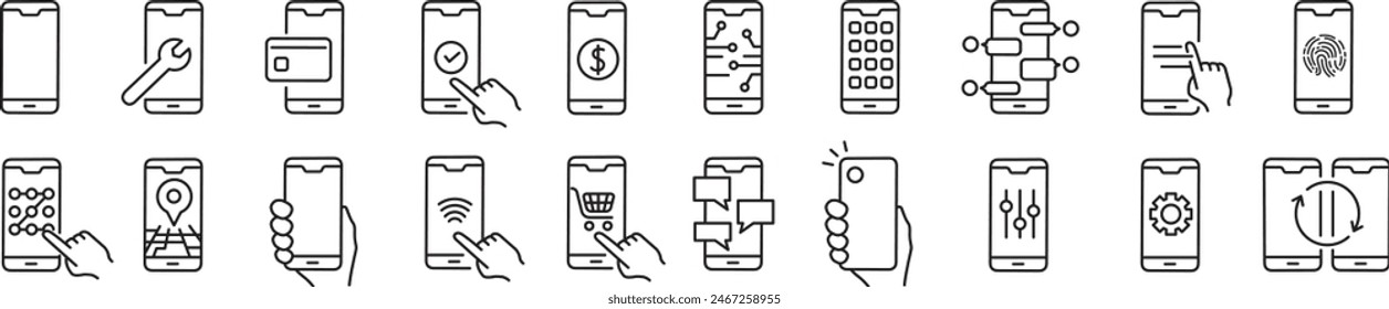 smartphone icons set. Editable stroke icons collection. Vector illustration.