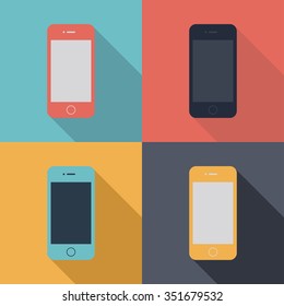 smartphone icons set in flat design style on colorful background. mobile phone symbols. stock vector illustration
