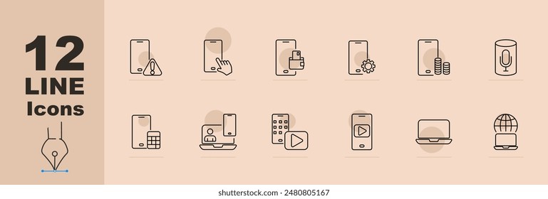 Smartphone icons set including alert, tap, wallet, settings, coins, microphone, calculator, remote, video call, play button, and laptop. Vector line icons on a beige background