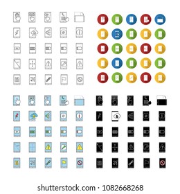 Smartphone icons set. Internet connection, data transfer, apps, communication. Linear, flat design, color and glyph styles. isolated vector illustrations