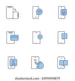 Smartphone icons set. Line Duotone style, editable stroke. read, smartphone, credit card, phone, notification, orientation, love message, videocall.