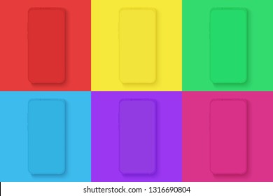 Smartphone icons set on the different bright colors square background for infographic, visual ui, commercial, advertisement, app demonstration vector illustration.