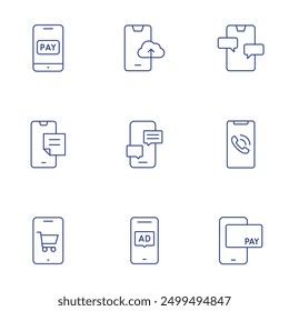 Conjunto de iconos de smartphone. Estilo de línea delgada, movimiento editable. pago, notas, teléfono móvil, llamada telefónica, chat, pago sin efectivo, carga, teléfono inteligente, publicidad.