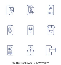 Conjunto de iconos de smartphone. Estilo de línea delgada, movimiento editable. compras en línea, tienda móvil, pago móvil, Orientación, notificación, Inicio de sesión, videollamada, teléfono inteligente.
