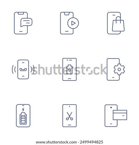 Smartphone icons set. Thin Line style, editable stroke. video player, smartphone, online shop, mobile setup, mobile payment, phone call, chat, battery level.