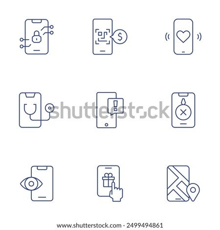 Smartphone icons set. Thin Line style, editable stroke. lock, repair, doctor, phone, preview, check in, reward, qr scan.