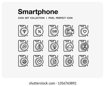 Smartphone Icons Set. UI Pixel Perfect Well-crafted Vector Thin Line Icons. The illustrations are a vector.