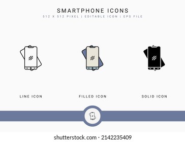 Smartphone icons set vector illustration with solid icon line style. Electronics smart device concept. Editable stroke icon on isolated background for web design, user interface, and mobile app