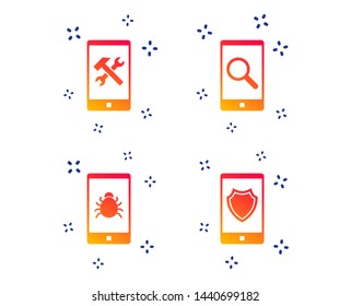 Smartphone icons. Shield protection, repair, software bug signs. Search in phone. Hammer with wrench service symbol. Random dynamic shapes. Gradient smartphone icon. Vector