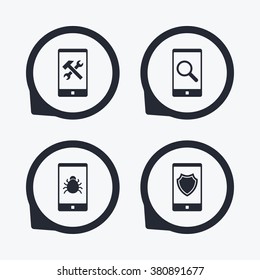 Smartphone icons. Shield protection, repair, software bug signs. Search in phone. Hammer with wrench service symbol. Flat icon pointers.