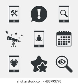 Smartphone icons. Shield protection, repair, software bug signs. Search in phone. Hammer with wrench service symbol. Attention, investigate and stars icons. Telescope and calendar signs. Vector