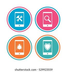 Smartphone icons. Shield protection, repair, software bug signs. Search in phone. Hammer with wrench service symbol. Colored circle buttons. Vector