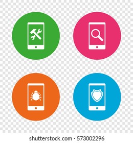Smartphone icons. Shield protection, repair, software bug signs. Search in phone. Hammer with wrench service symbol. Round buttons on transparent background. Vector