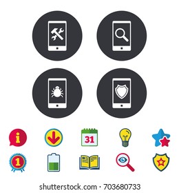 Smartphone icons. Shield protection, repair, software bug signs. Search in phone. Hammer with wrench service symbol. Calendar, Information and Download signs. Stars, Award and Book icons. Vector