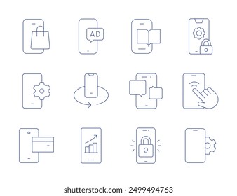 Smartphone-Symbole. Stil der dünnen Linie, bearbeitbarer Strich. Lesen, Online-Shop, Mobile Setup, Mobile Payment, Telefon, Lock, Online Marketing, Mobile Rotation, Mobile.