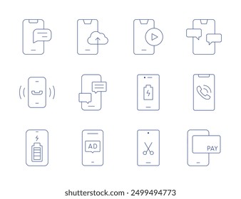 Smartphone icons. Thin Line style, editable stroke. video player, smartphone, phone call, chat, battery level, uploading, advertising.