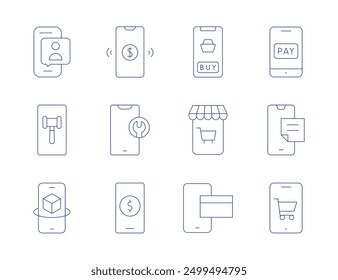 Smartphone icons. Thin Line style, editable stroke. online payment, mobile service, mobile banking, online shopping, mobile store, mobile payment, videocall, smartphone.