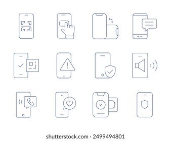 Smartphone icons. Thin Line style, editable stroke. phone, notification, mobile phone, love message, orientation, mobile, mobile payment, qr code, scanner.