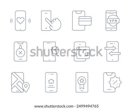 Smartphone icons. Thin Line style, editable stroke. repair, digital wallet, touch screen, smartphone, smart home, check in, landing page, phone, credit card.