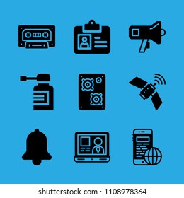 smartphone, id card, laptop, megaphone, satellite, spray, cassette, speaker and bell vector icon. Simple icons set