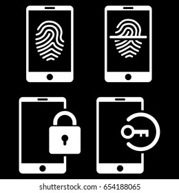 Smartphone Identification vector icon clipart. Collection style is white flat symbols on a black background.