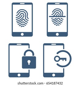 Smartphone Identification vector icon collection. Collection style is blue flat symbols on a white background.