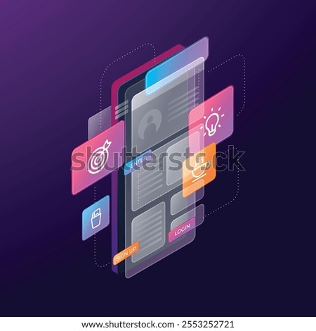 A smartphone illustration featuring multiple icons on its screen, symbolizing various applications and digital functionalities vector editable